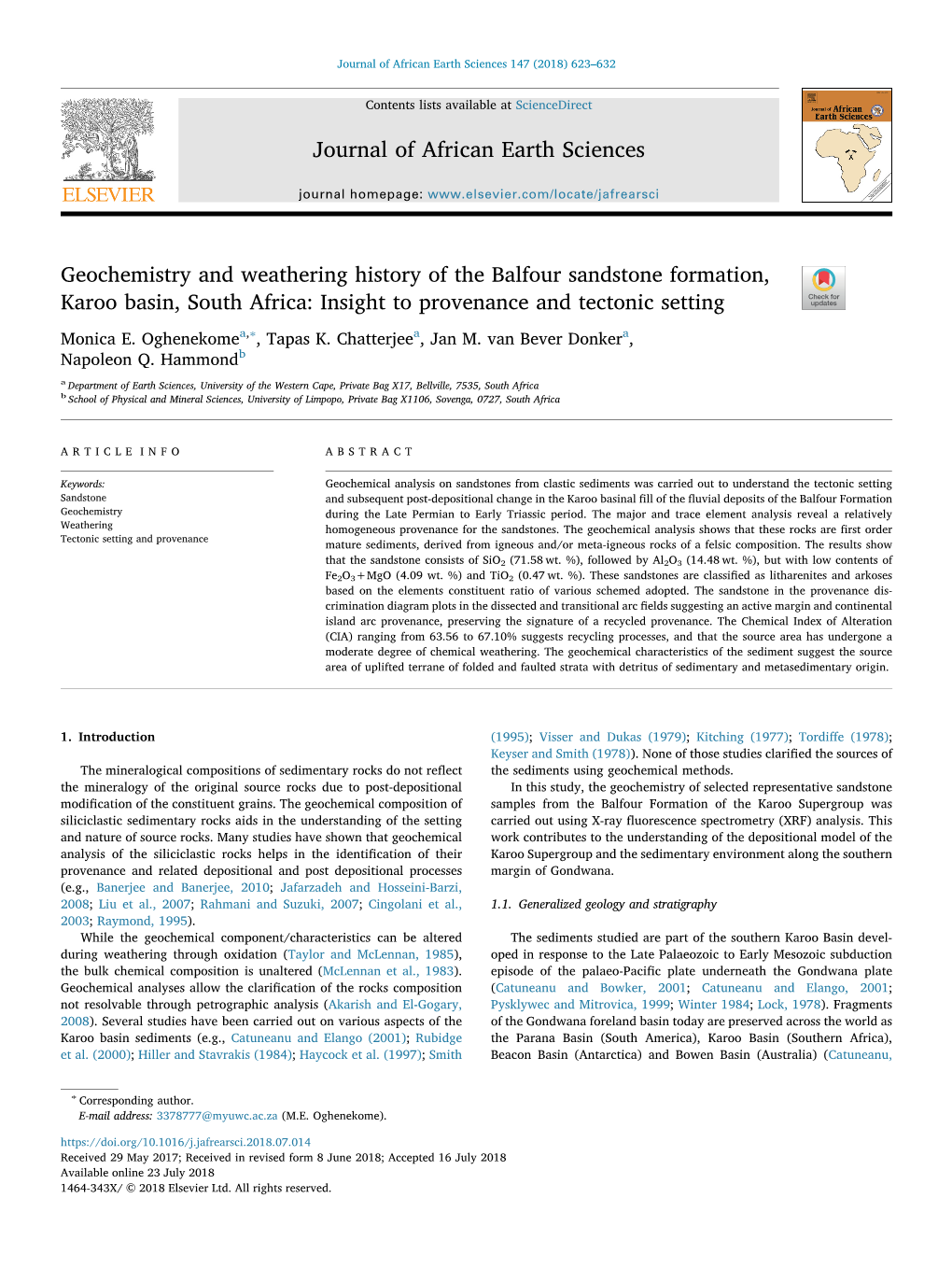 Geochemistry and Weathering History of the Balfour Sandstone Formation, Karoo Basin, South Africa: Insight to Provenance and Tectonic Setting T