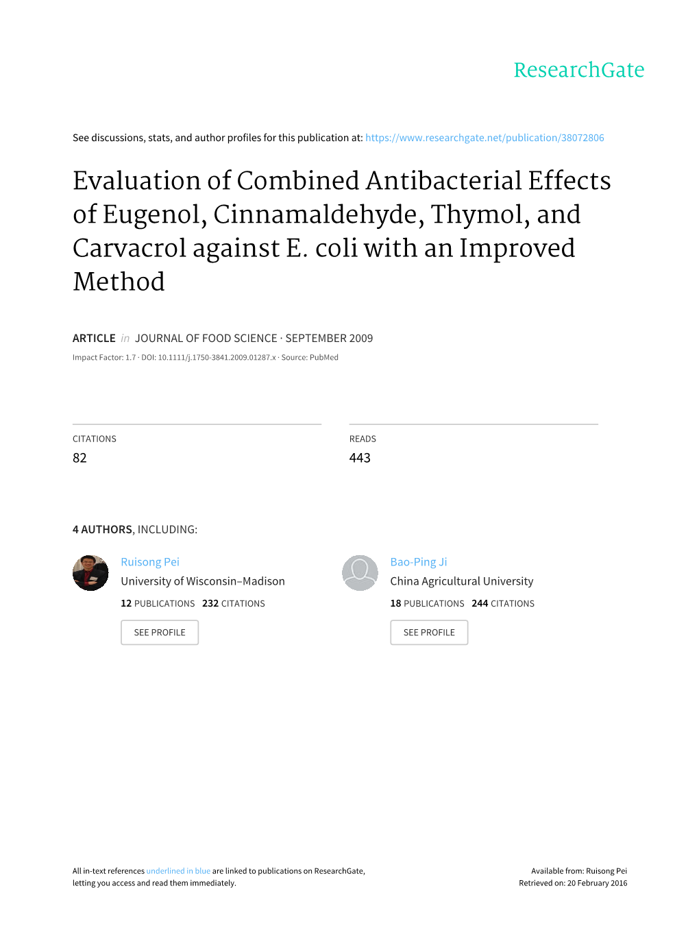 Evaluation of Combined Antibacterial Effects of Eugenol, Cinnamaldehyde, Thymol, and Carvacrol Against E. Coli with an Improved Method