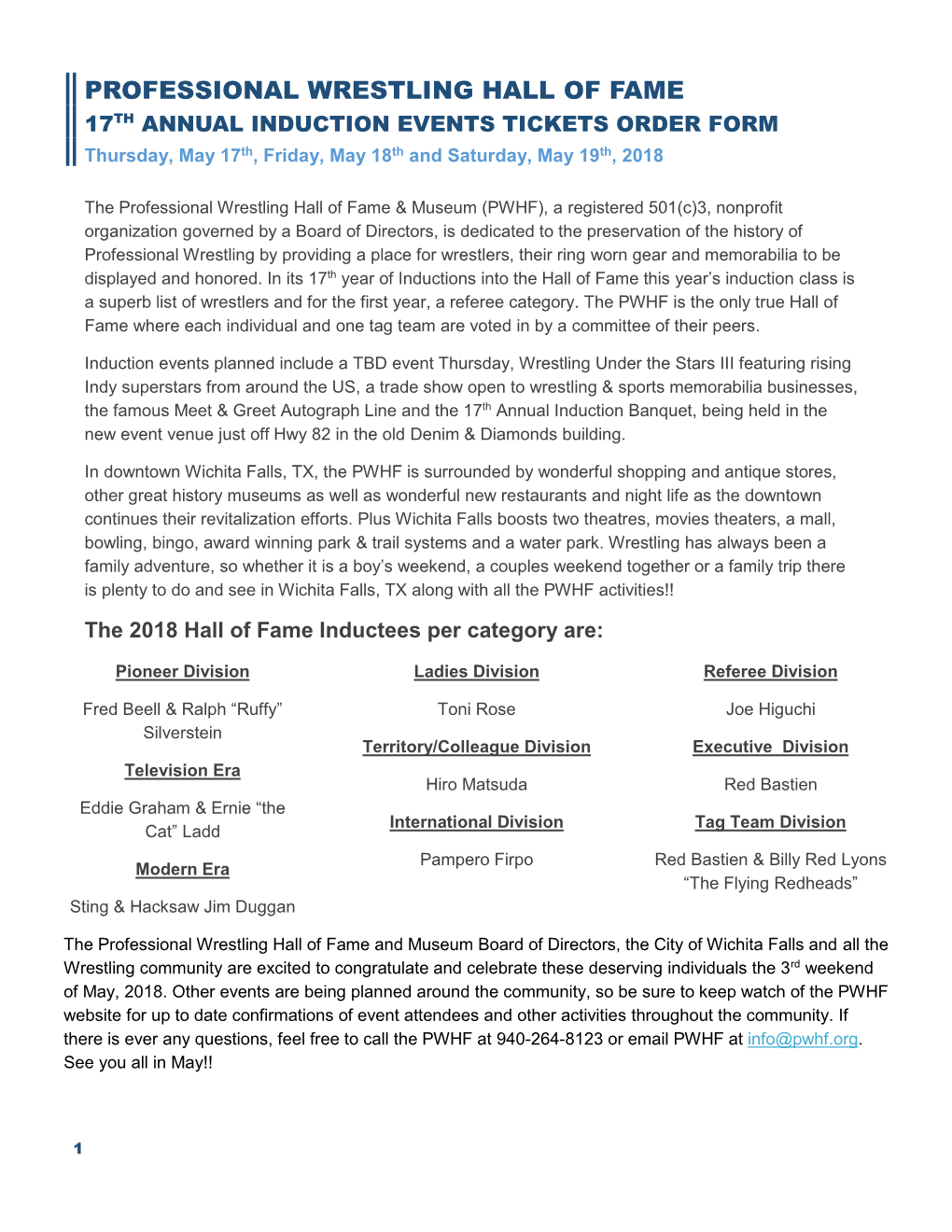 The PWHF 17Th Annual Induction Events Order Form Fill out and Return to the PWHF, Attention 17Th Induction,712 8Th Street, Suite 100, Wichita Falls, TX 76301