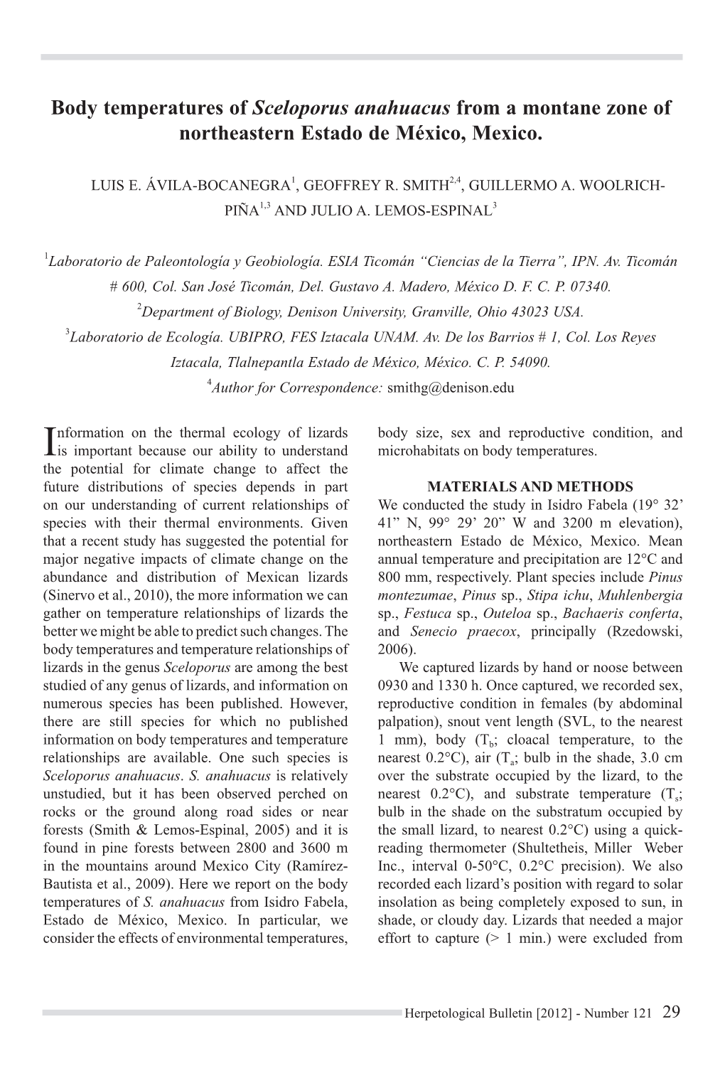 Body Temperatures of Sceloporus Anahuacus from a Montane Zone of Northeastern Estado De México, Mexico