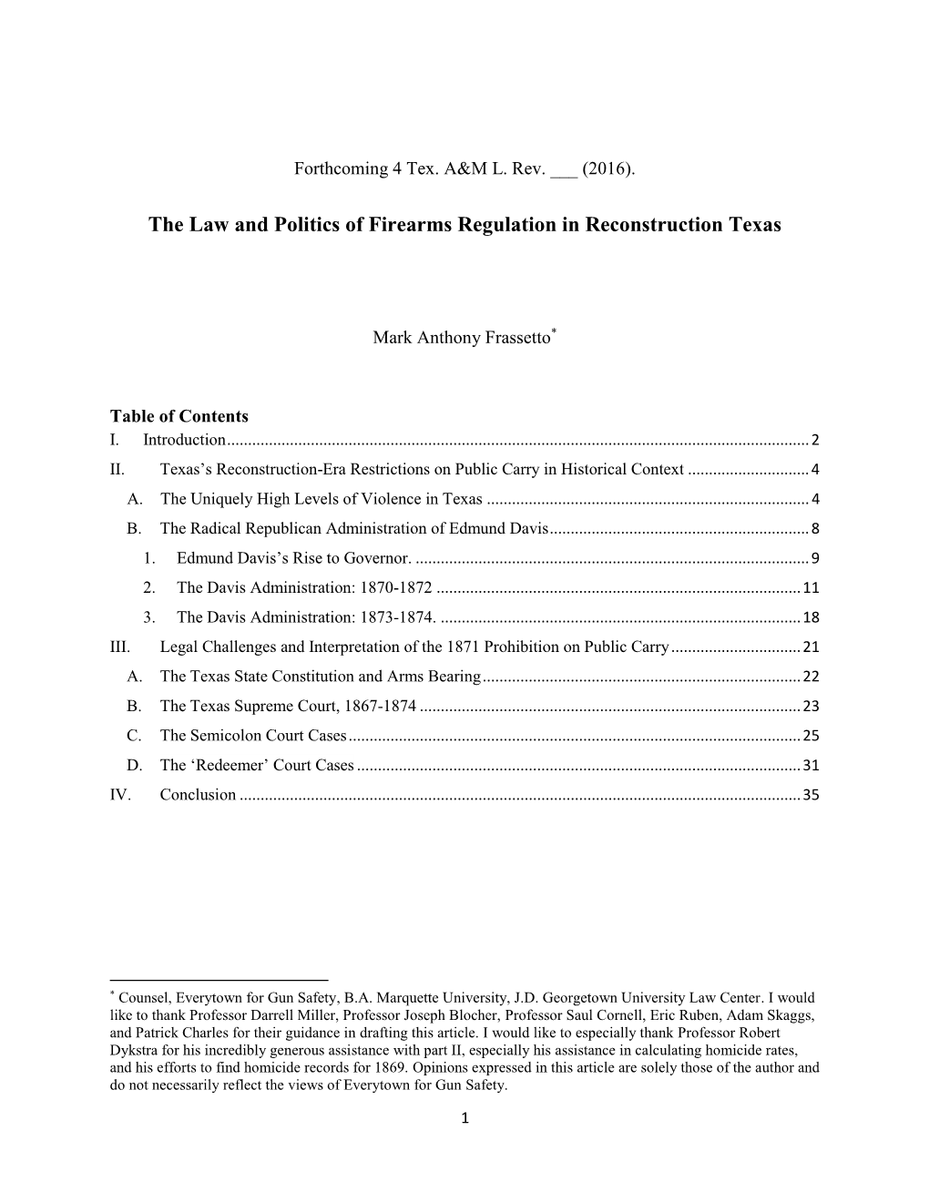 The Law and Politics of Firearms Regulation in Reconstruction Texas