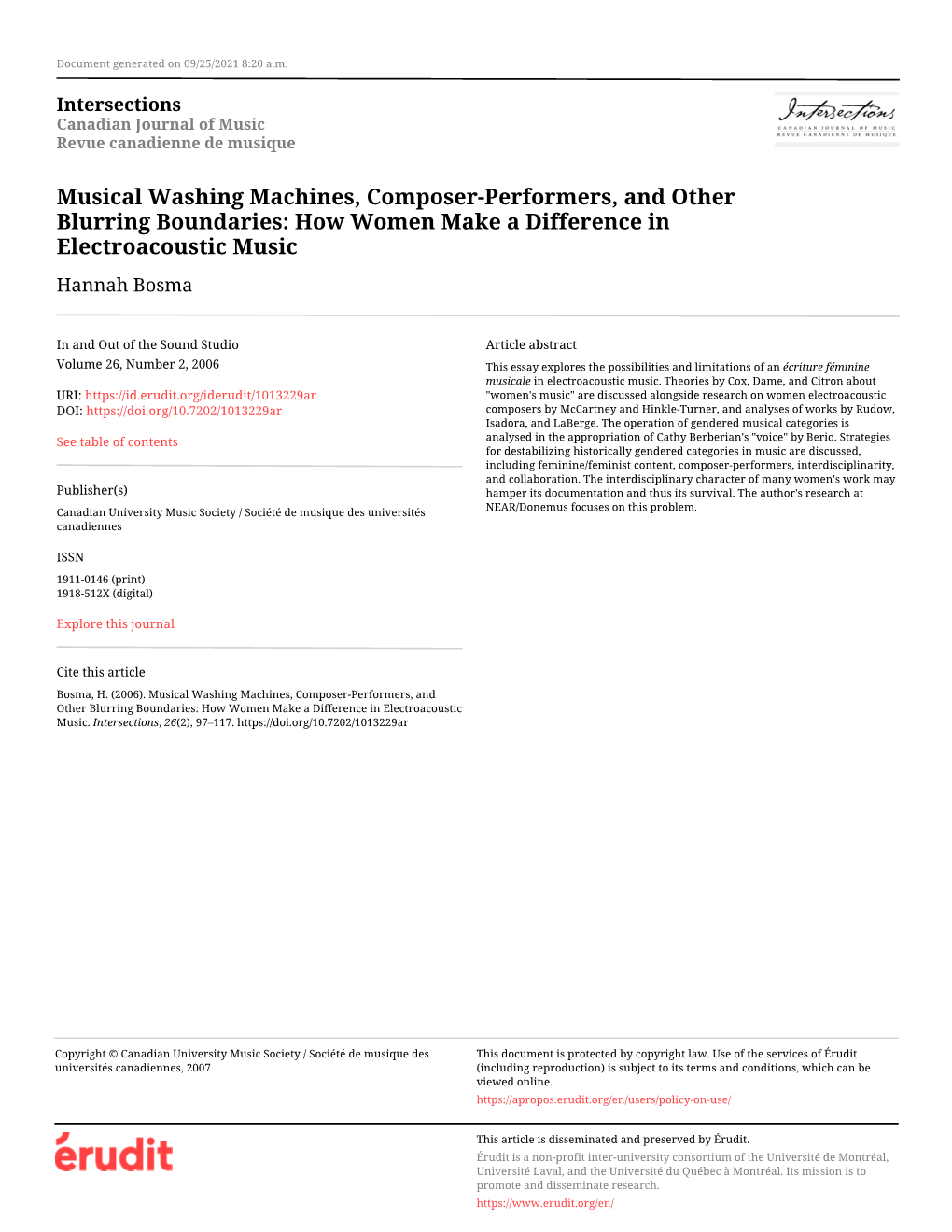 Musical Washing Machines, Composer-Performers, and Other Blurring Boundaries: How Women Make a Difference in Electroacoustic Music Hannah Bosma