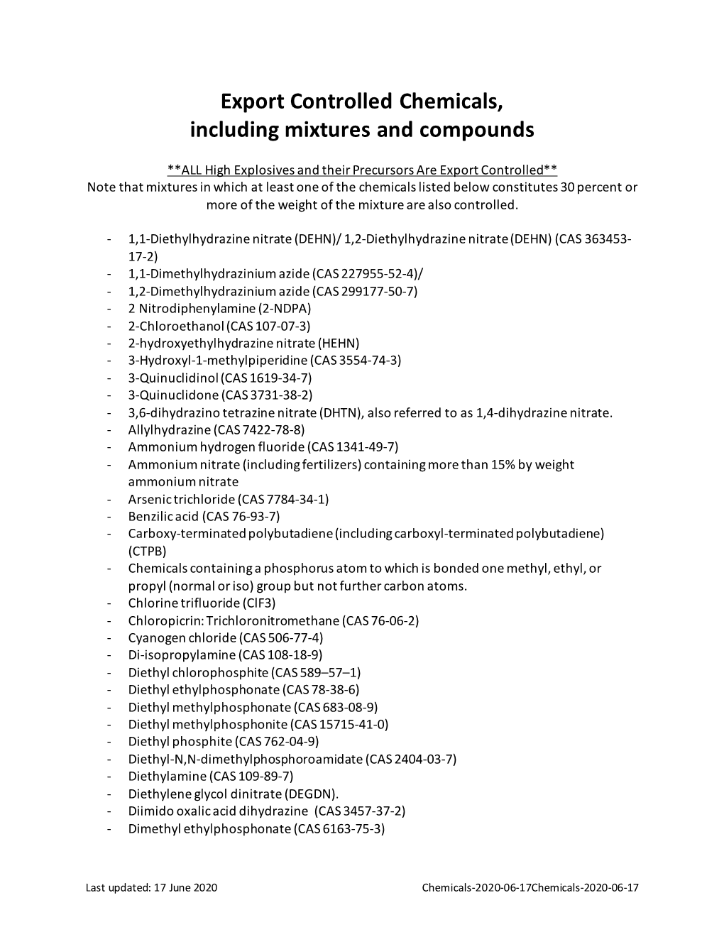 Export Controlled Chemicals, Including Mixtures and Compounds