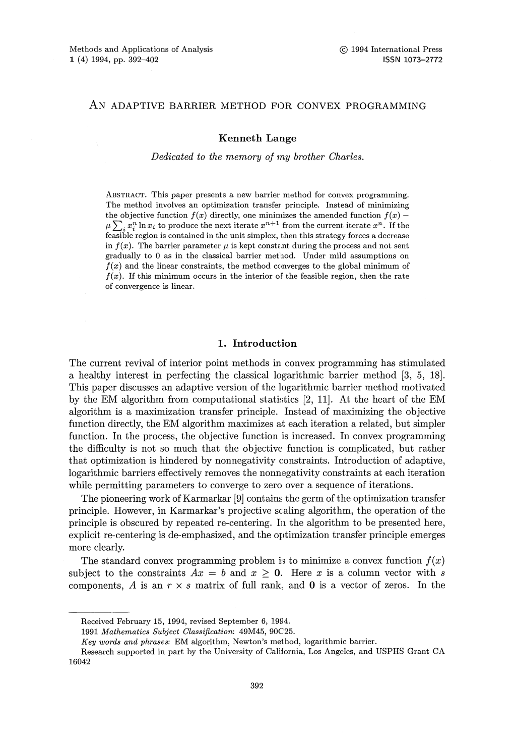 An Adaptive Barrier Method for Convex Programming