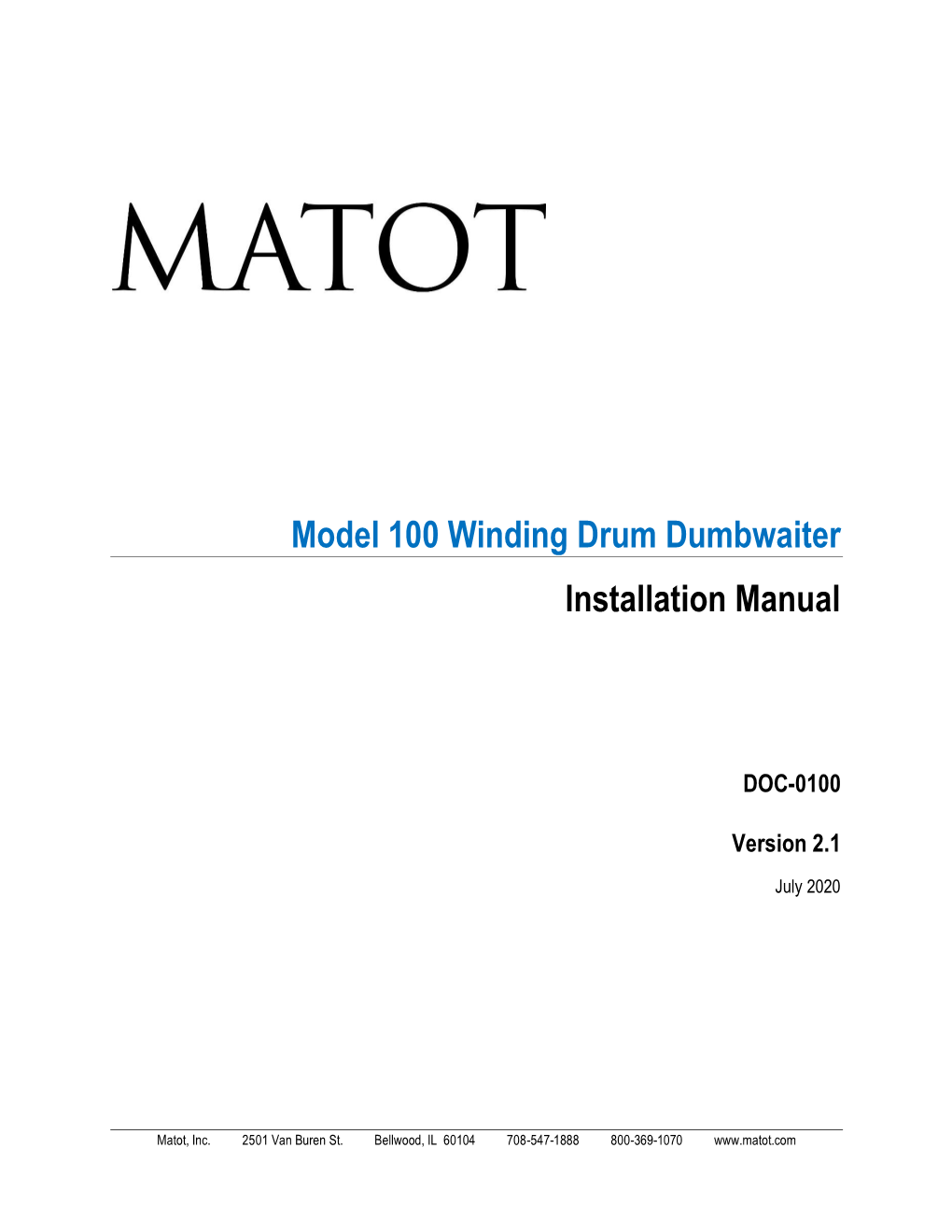 Model 100 Winding Drum Dumbwaiter Installation Manual