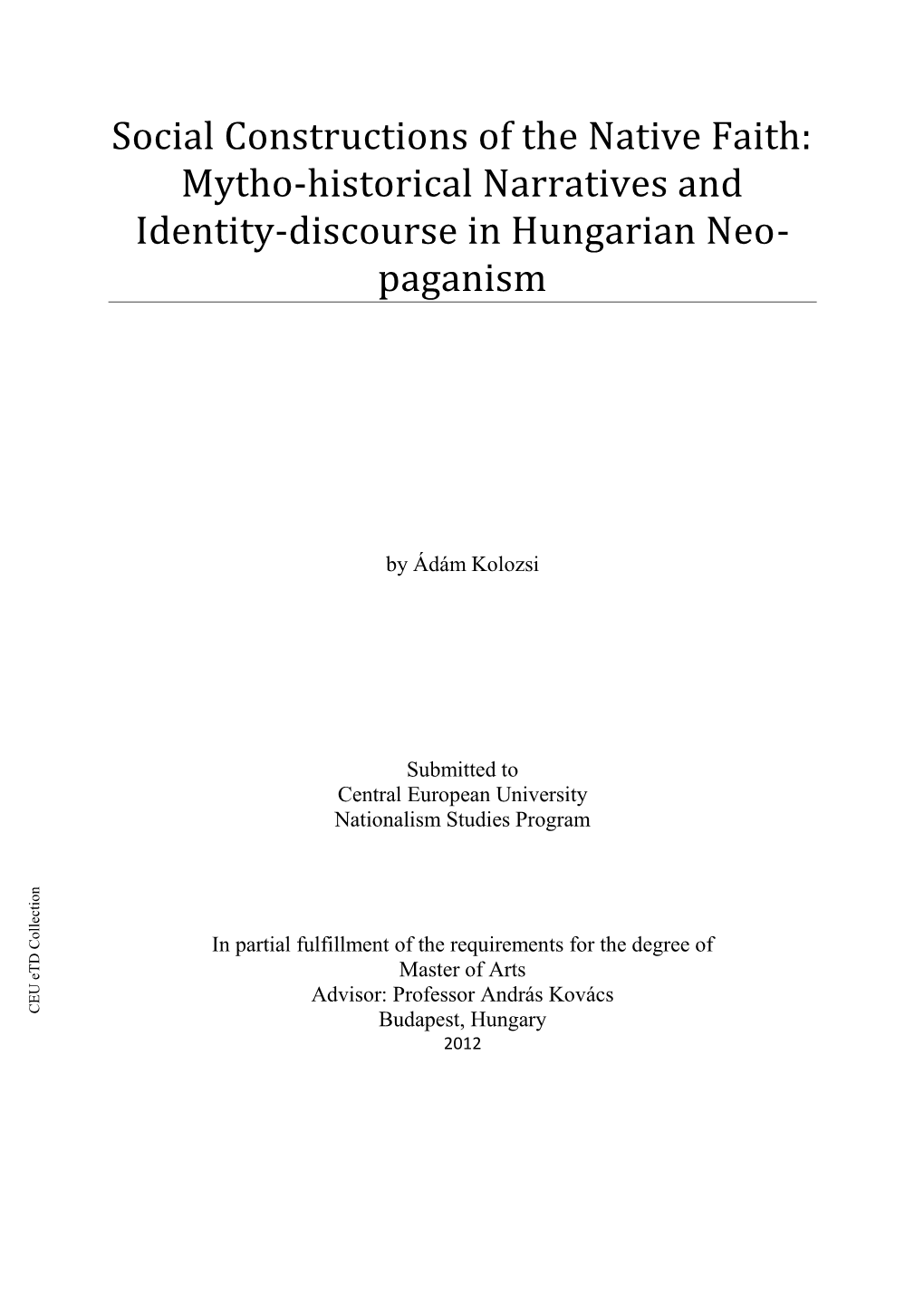 Mytho-Historical Narratives and Identity-Discourse in Hungarian