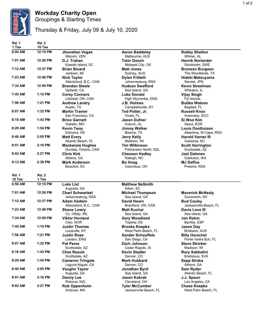 Workday Charity Open Groupings & Starting Times Thursday & Friday, July 09 & July 10, 2020