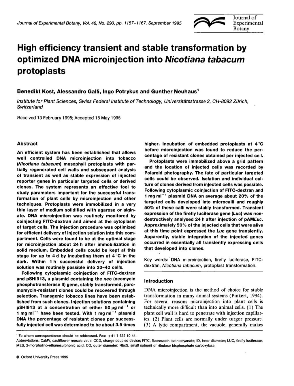 High Efficiency Transient and Stable Transformation by Optimized DNA Microinjection Into Nicotiana Tabacum Protoplasts