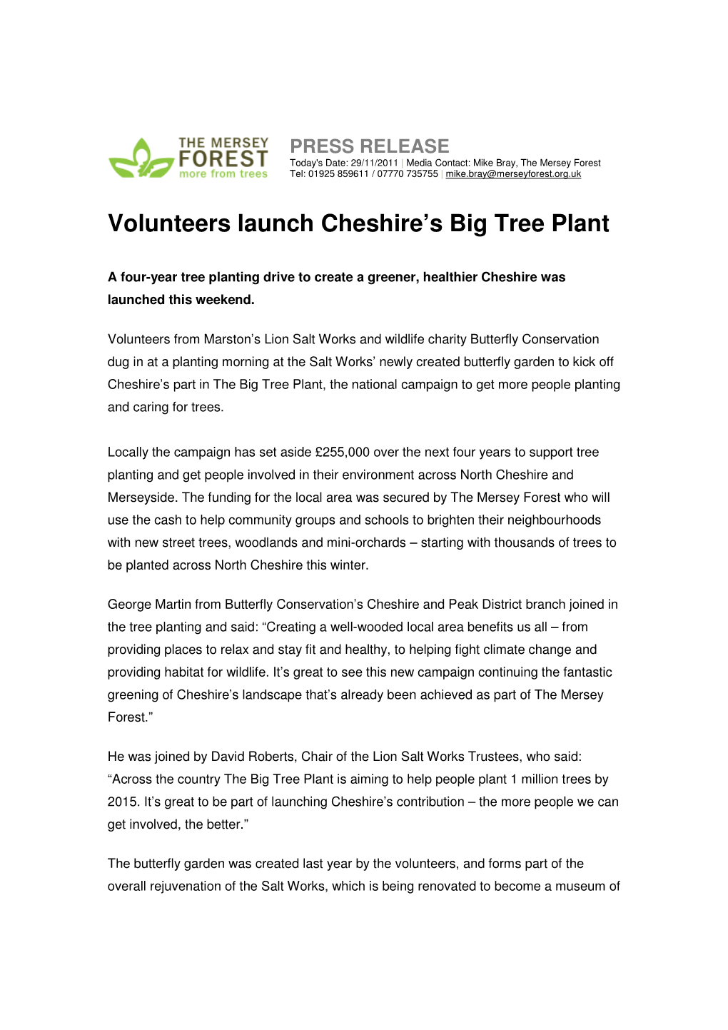 Volunteers Launch Cheshire's Big Tree Plant