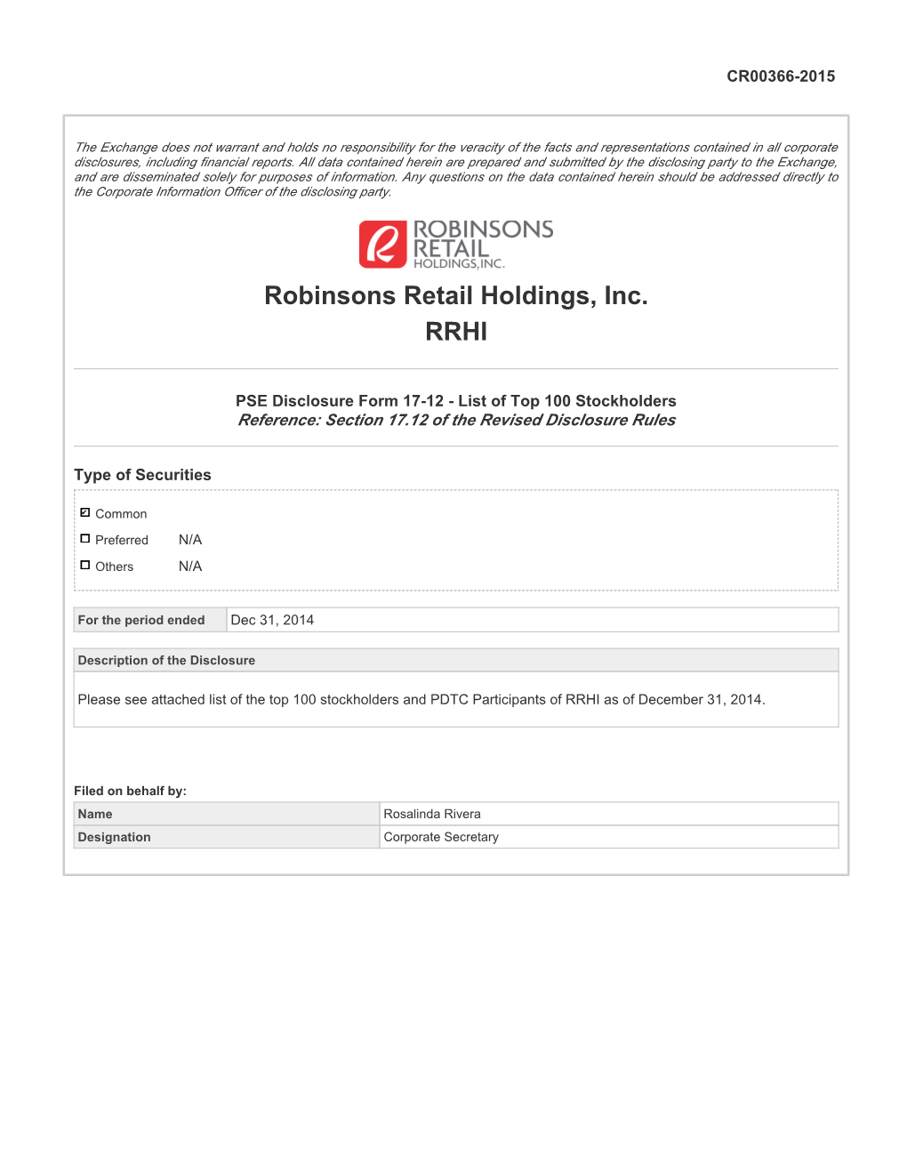 Robinsons Retail Holdings, Inc. RRHI