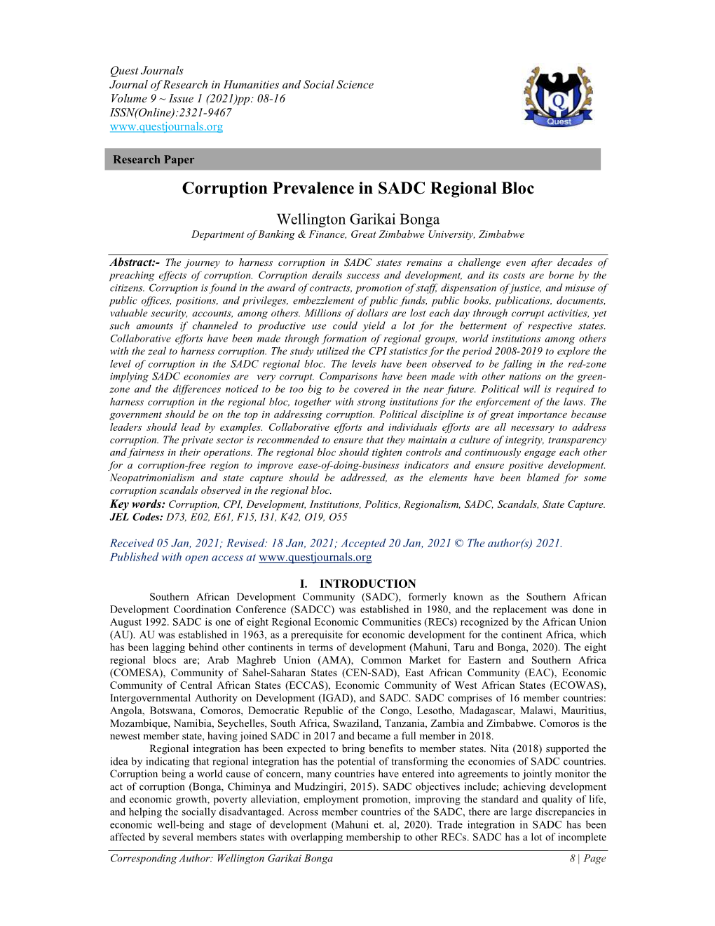 Corruption Prevalence in SADC Regional Bloc