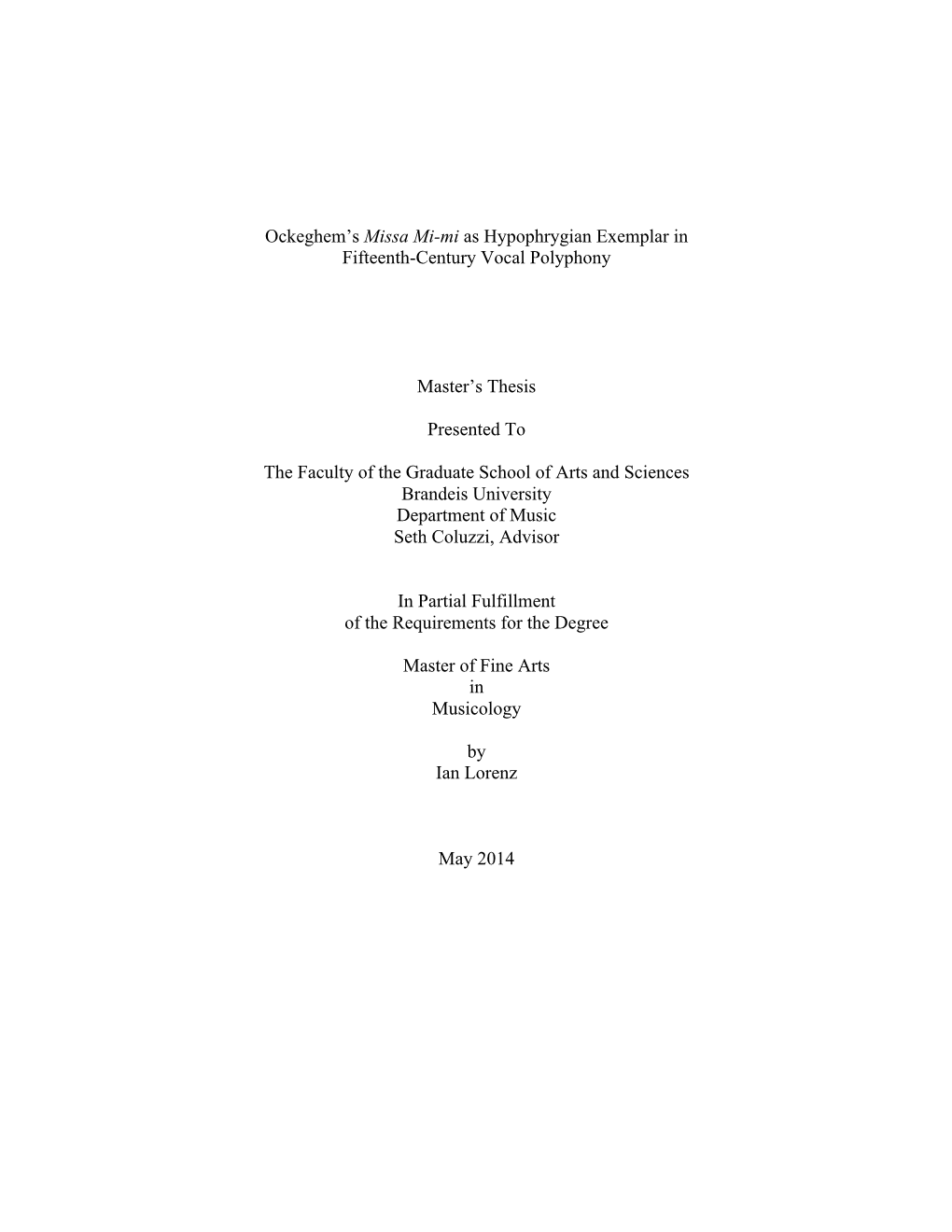 Ockeghem's Missa Mi-Mi As Hypophrygian Exemplar In