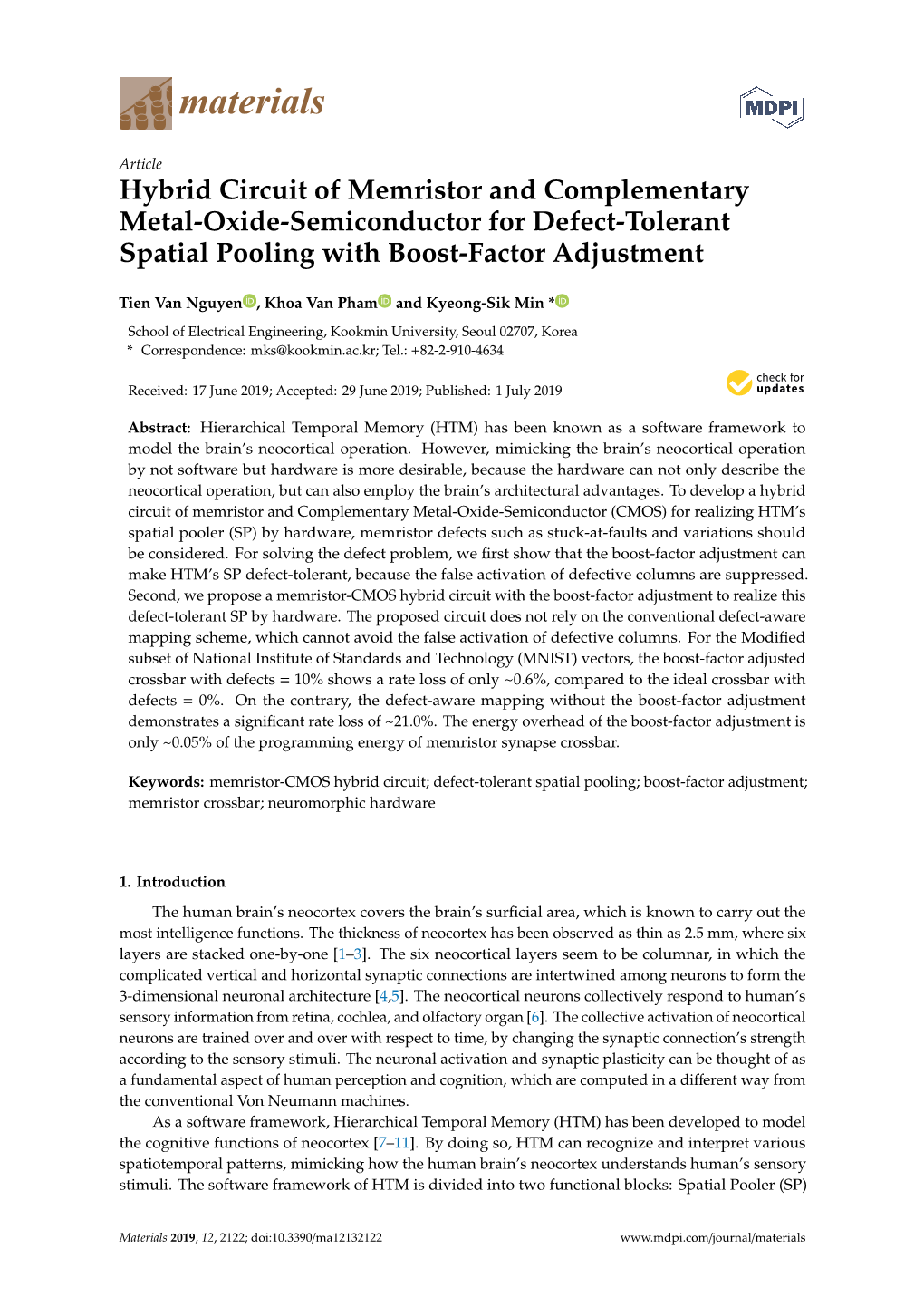 Hybrid Circuit of Memristor and Complementary Metal-Oxide-Semiconductor for Defect-Tolerant Spatial Pooling with Boost-Factor Adjustment