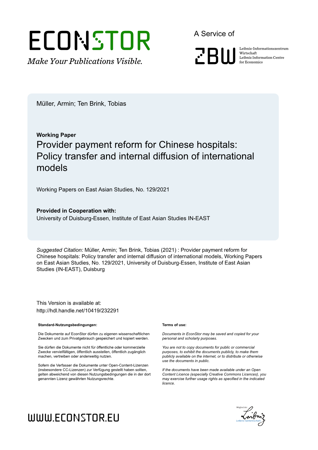 Provider Payment Reform for Chinese Hospitals: Policy Transfer and Internal Diffusion of International Models