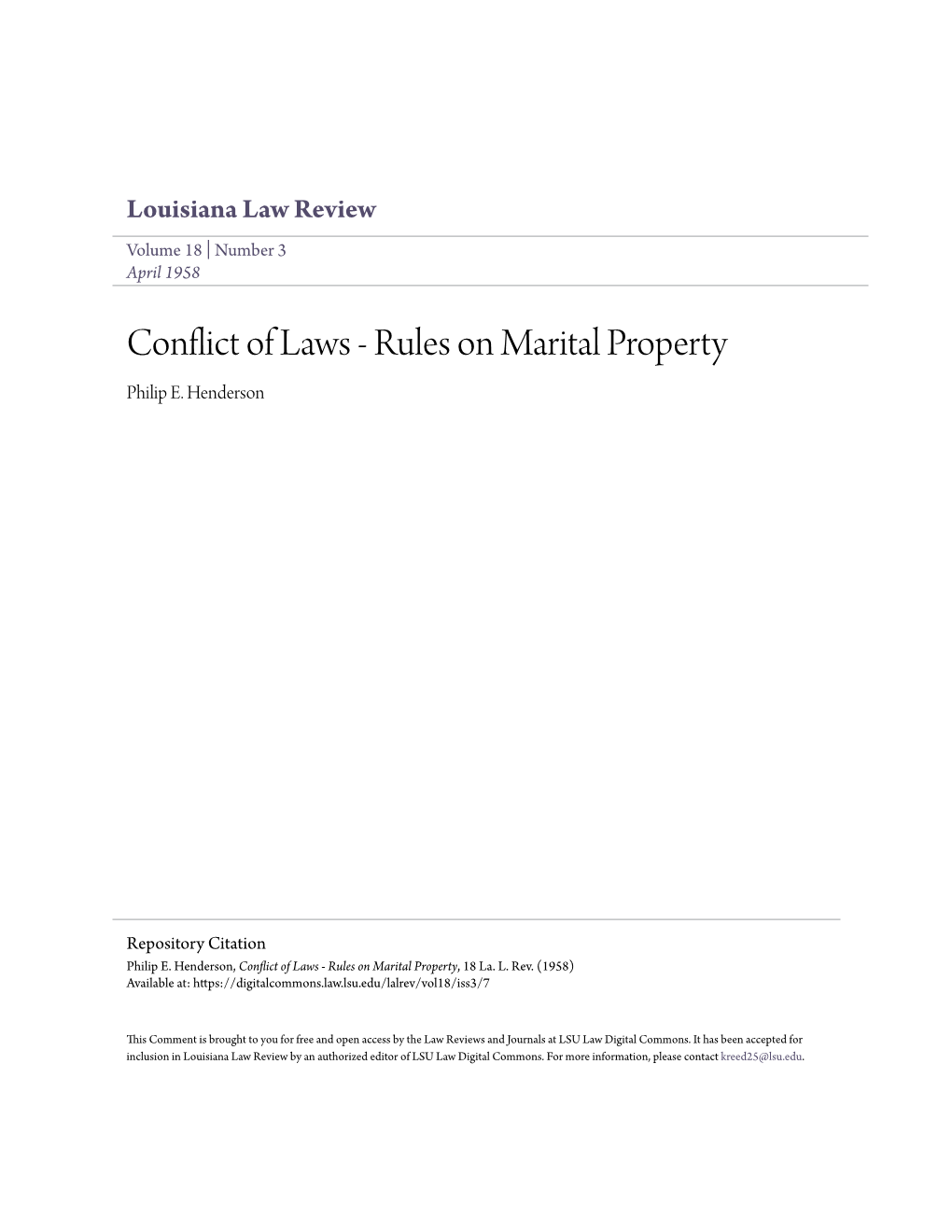 Conflict of Laws - Rules on Marital Property Philip E