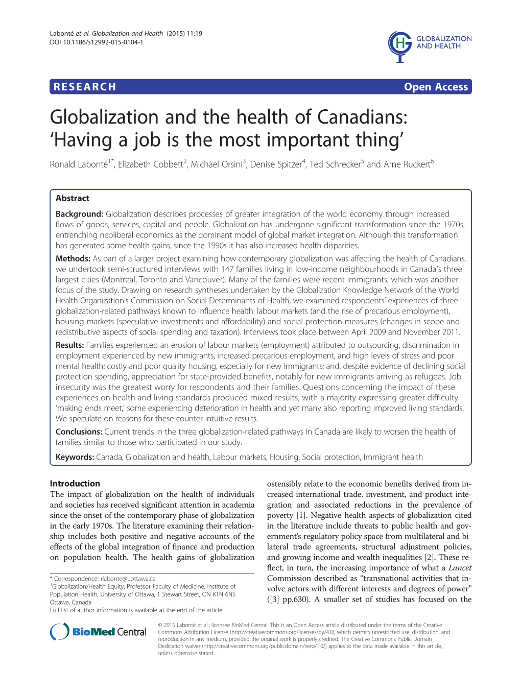 Globalization and the Health of Canadians