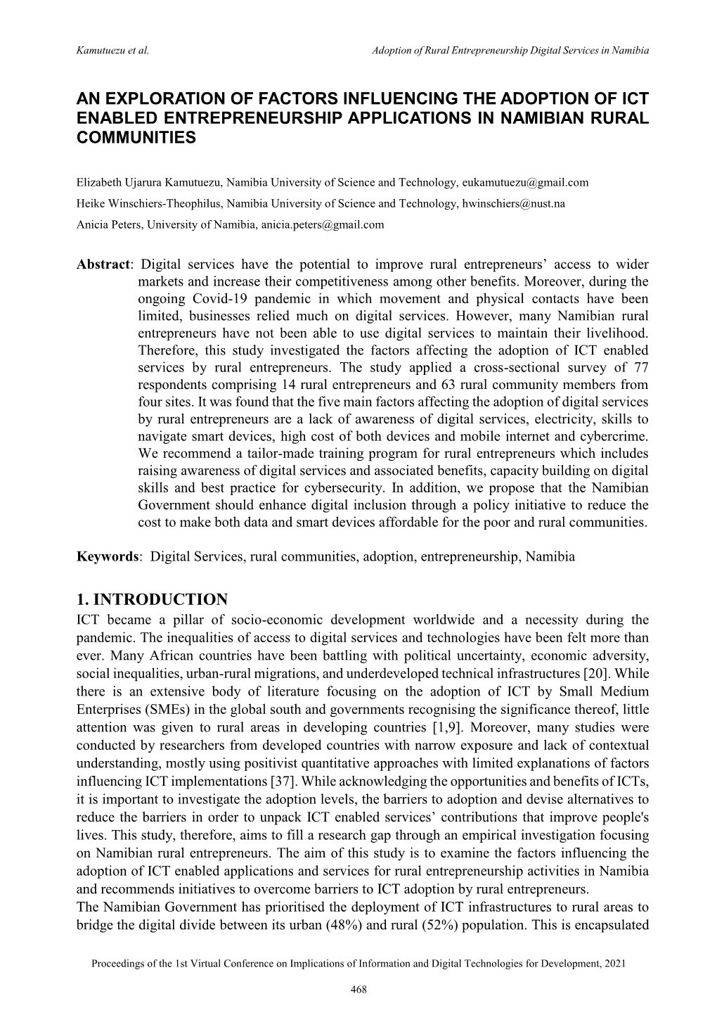 An Exploration of Factors Influencing the Adoption of Ict Enabled Entrepreneurship Applications in Namibian Rural Communities