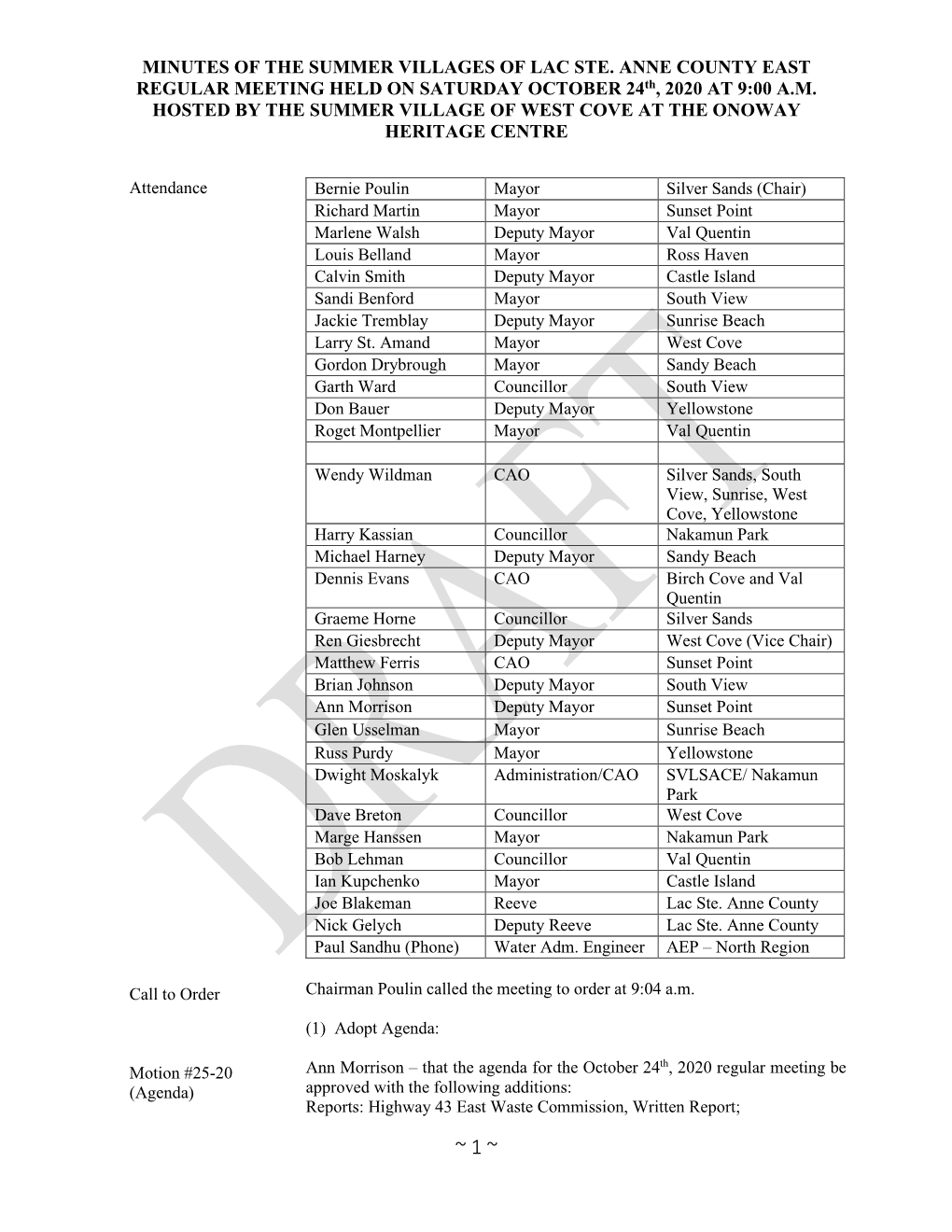 MINUTES of the SUMMER VILLAGES of LAC STE. ANNE COUNTY EAST REGULAR MEETING HELD on SATURDAY OCTOBER 24Th, 2020 at 9:00 A.M