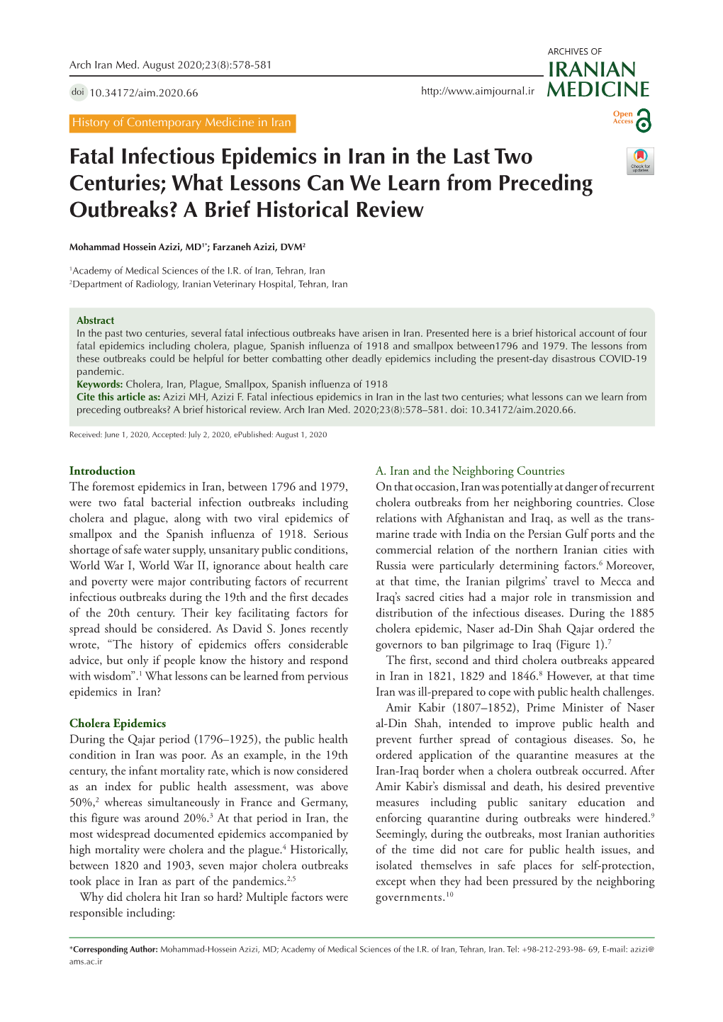 Fatal Infectious Epidemics in Iran in the Last Two Centuries; What Lessons Can We Learn from Preceding Outbreaks? a Brief Historical Review