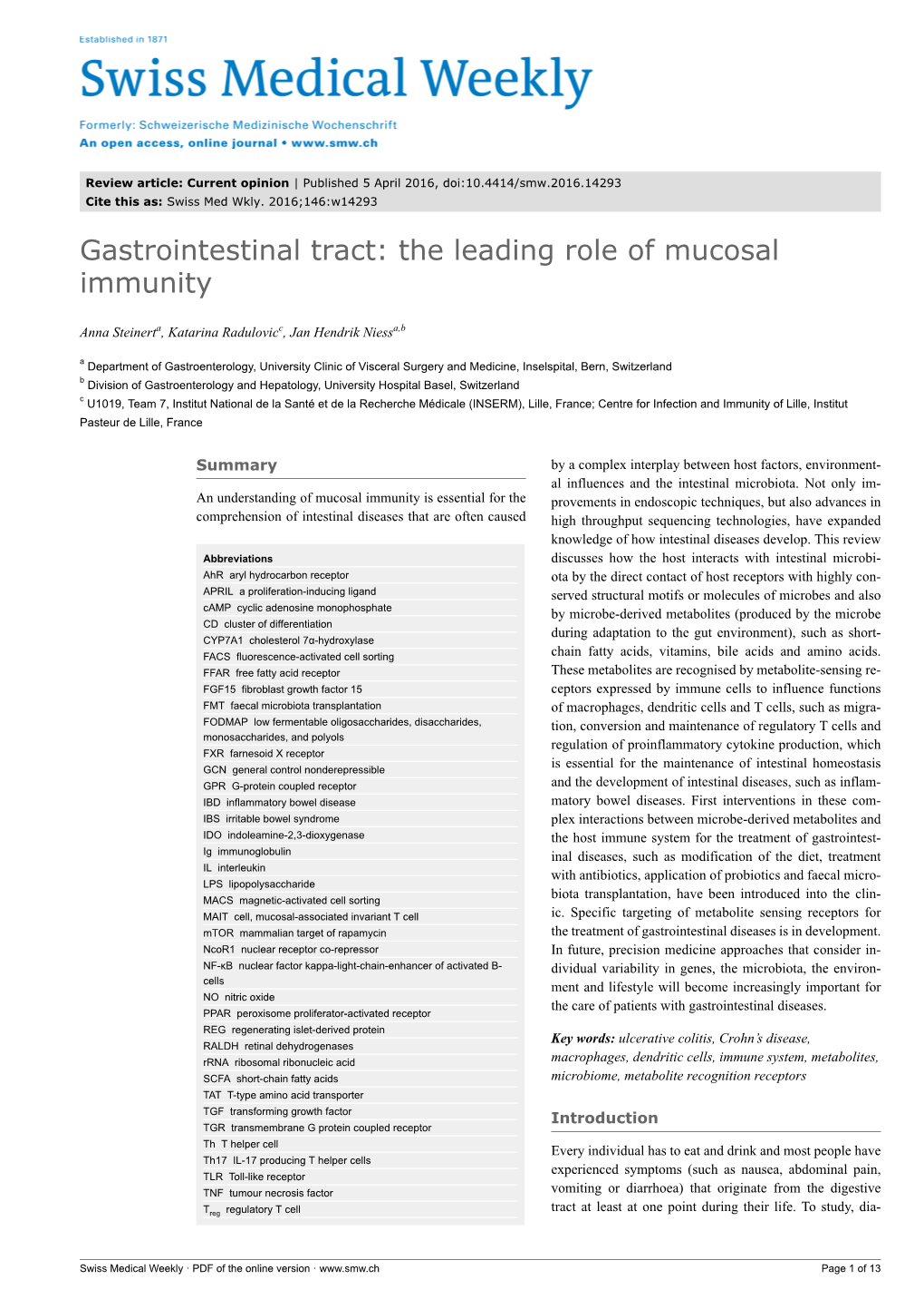 Gastro-Intestinal Tract: the Leading Role of Mucosal Immunity