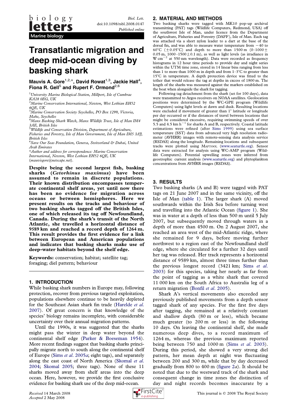 Transatlantic Migration and Deep Mid-Ocean Diving by Basking Shark