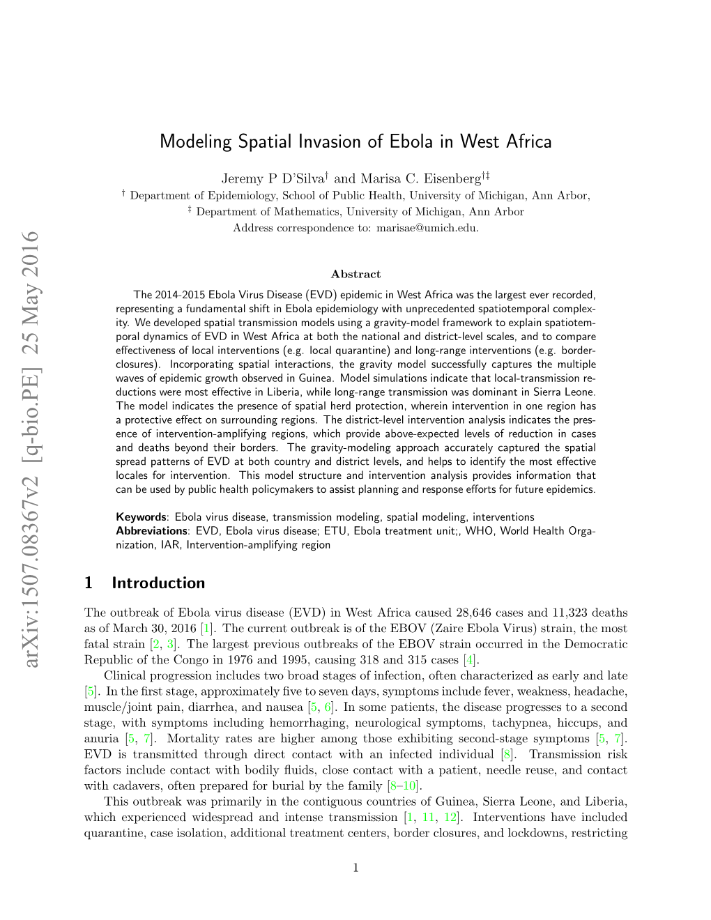 Modeling Spatial Invasion of Ebola in West Africa