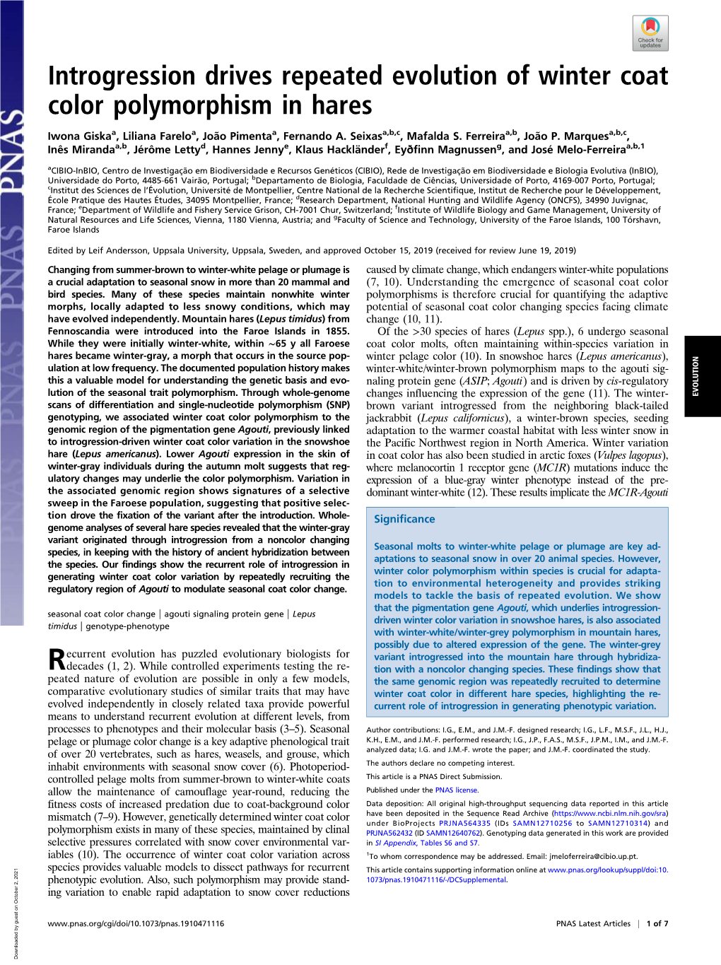 Introgression Drives Repeated Evolution of Winter Coat Color Polymorphism in Hares