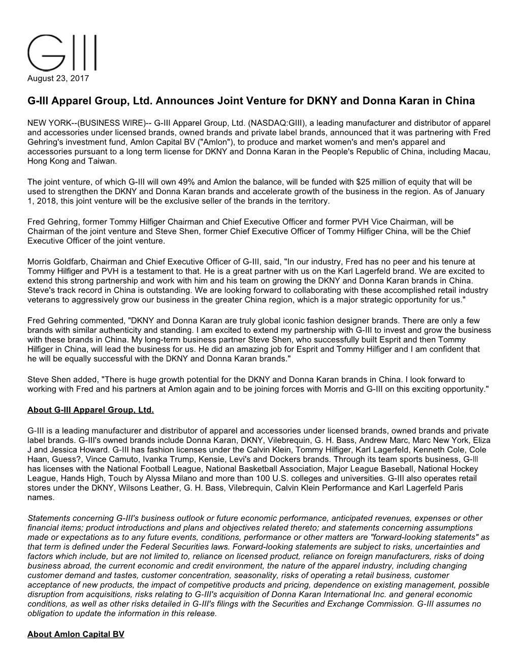 G-III Apparel Group, Ltd. Announces Joint Venture for DKNY and Donna Karan in China