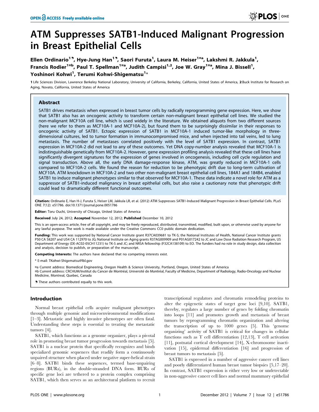 ATM Suppresses SATB1-Induced Malignant Progression in Breast Epithelial Cells