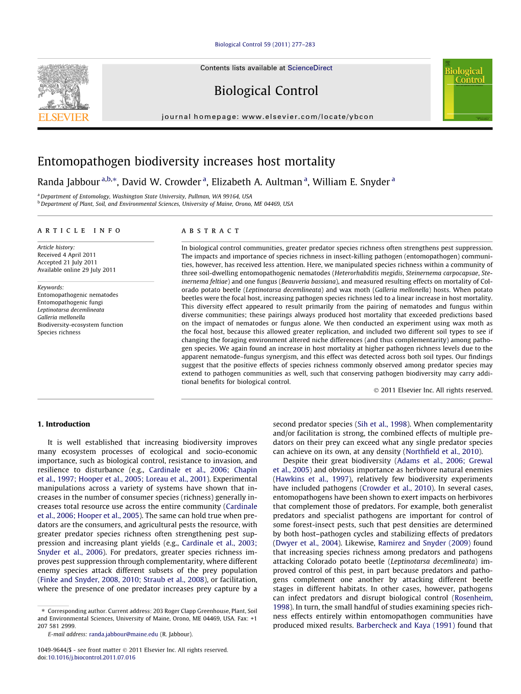 Entomopathogen Biodiversity Increases Host Mortality ⇑ Randa Jabbour A,B, , David W