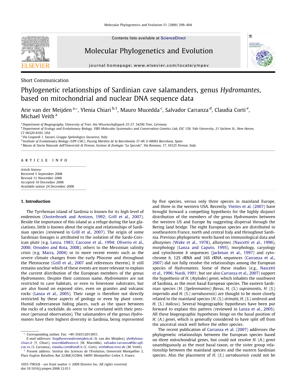 Phylogenetic Relationships of Sardinian Cave Salamanders, Genus Hydromantes, Based on Mitochondrial and Nuclear DNA Sequence Data