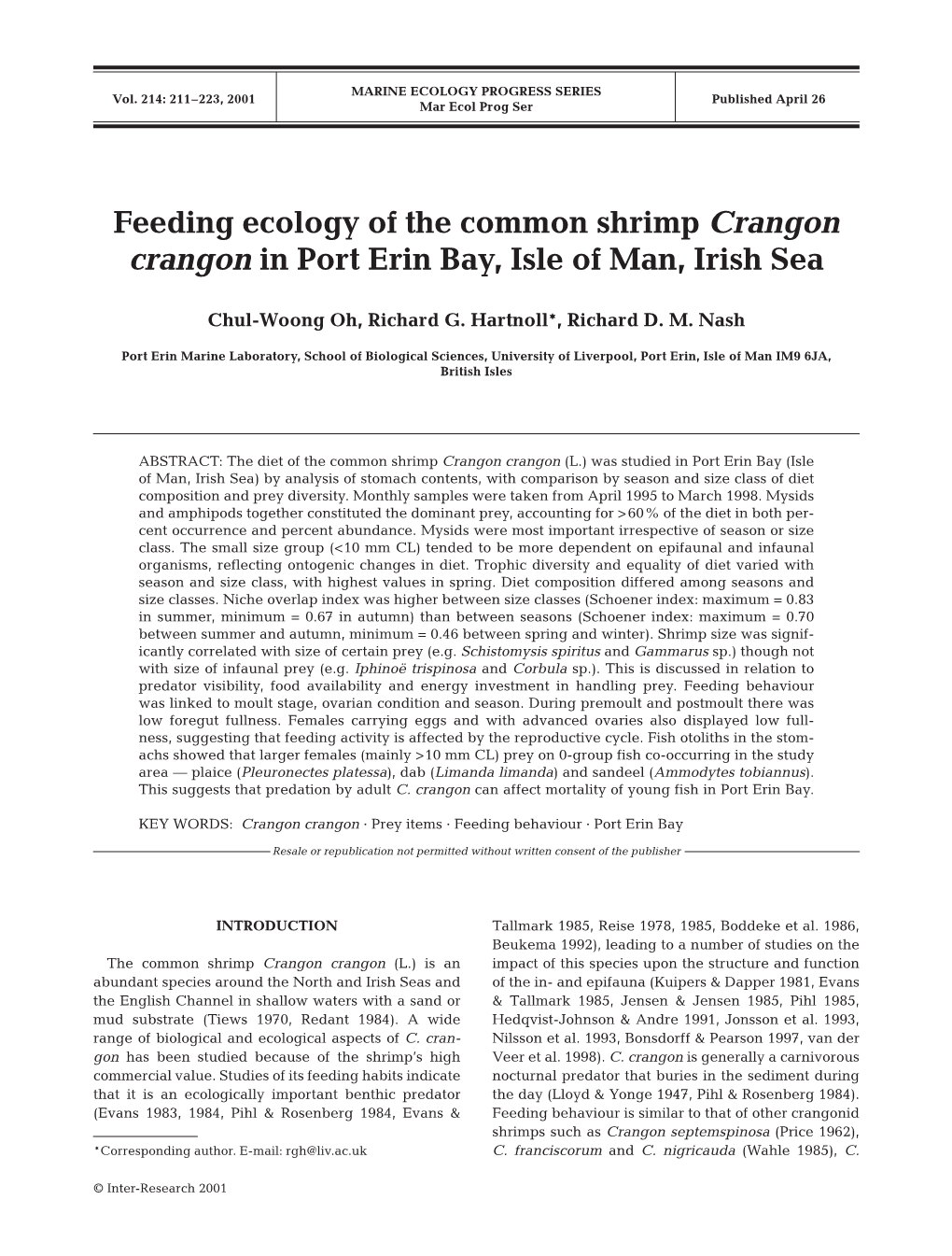 Feeding Ecology of the Common Shrimp Crangon Crangon in Port Erin Bay, Isle of Man, Irish Sea