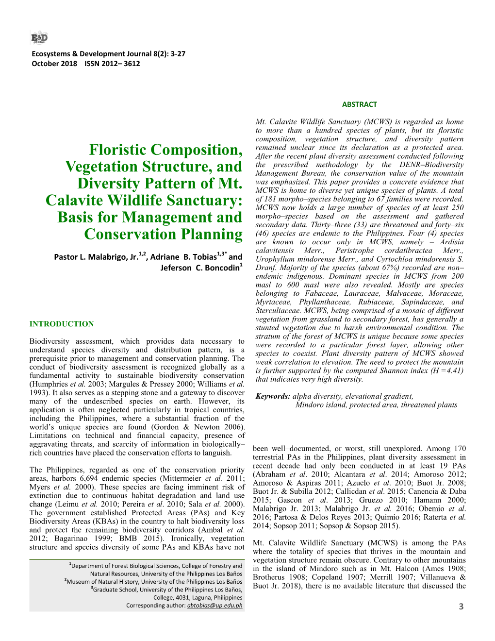 Floristic Composition, Vegetation Structure, and Diversity Pattern Of