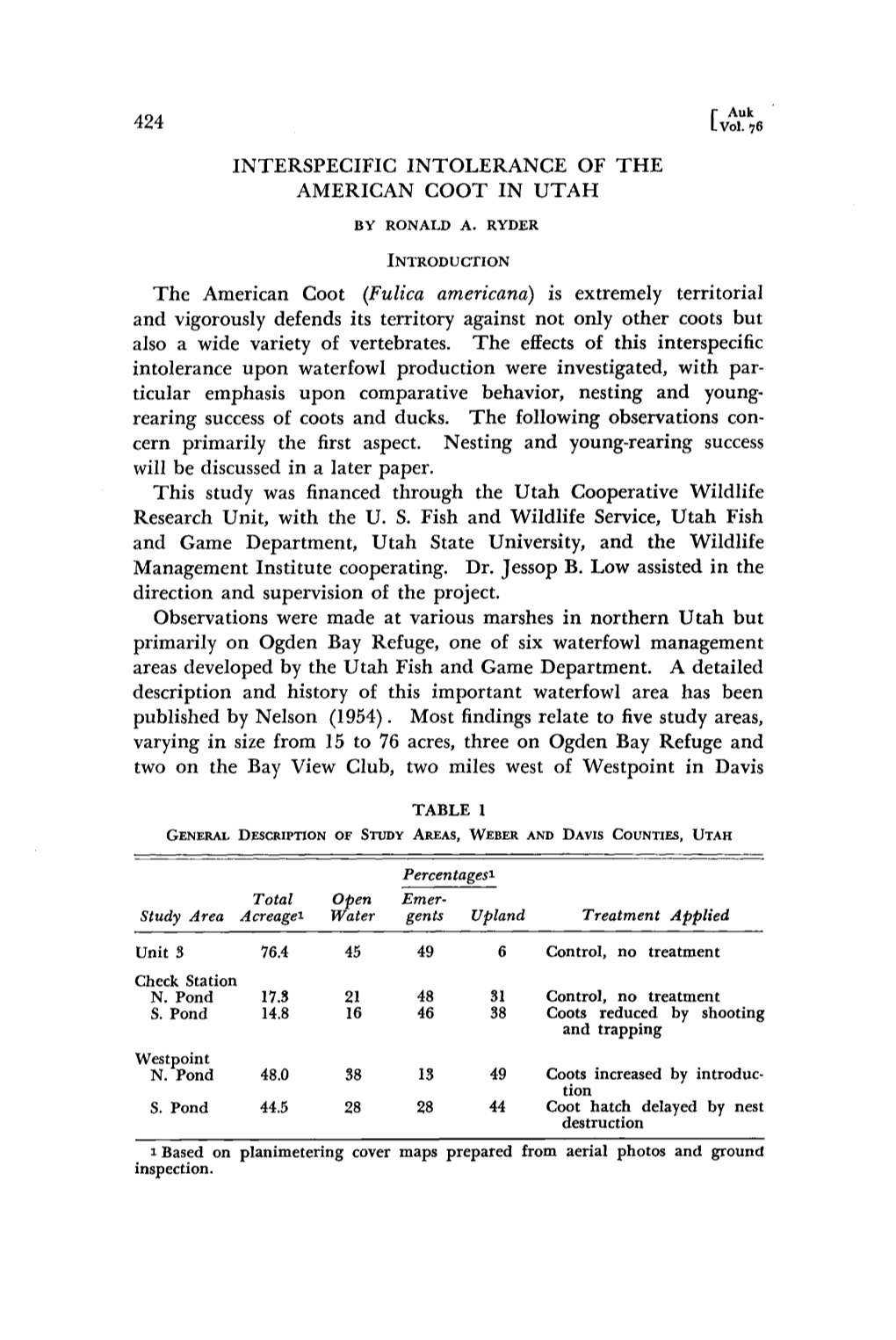 Interspecific Intolerance of the American Coot in Utah