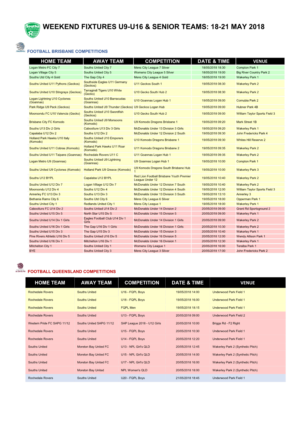 Weekend Fixtures U9-U16 & Senior Teams: 18-21 May 2018