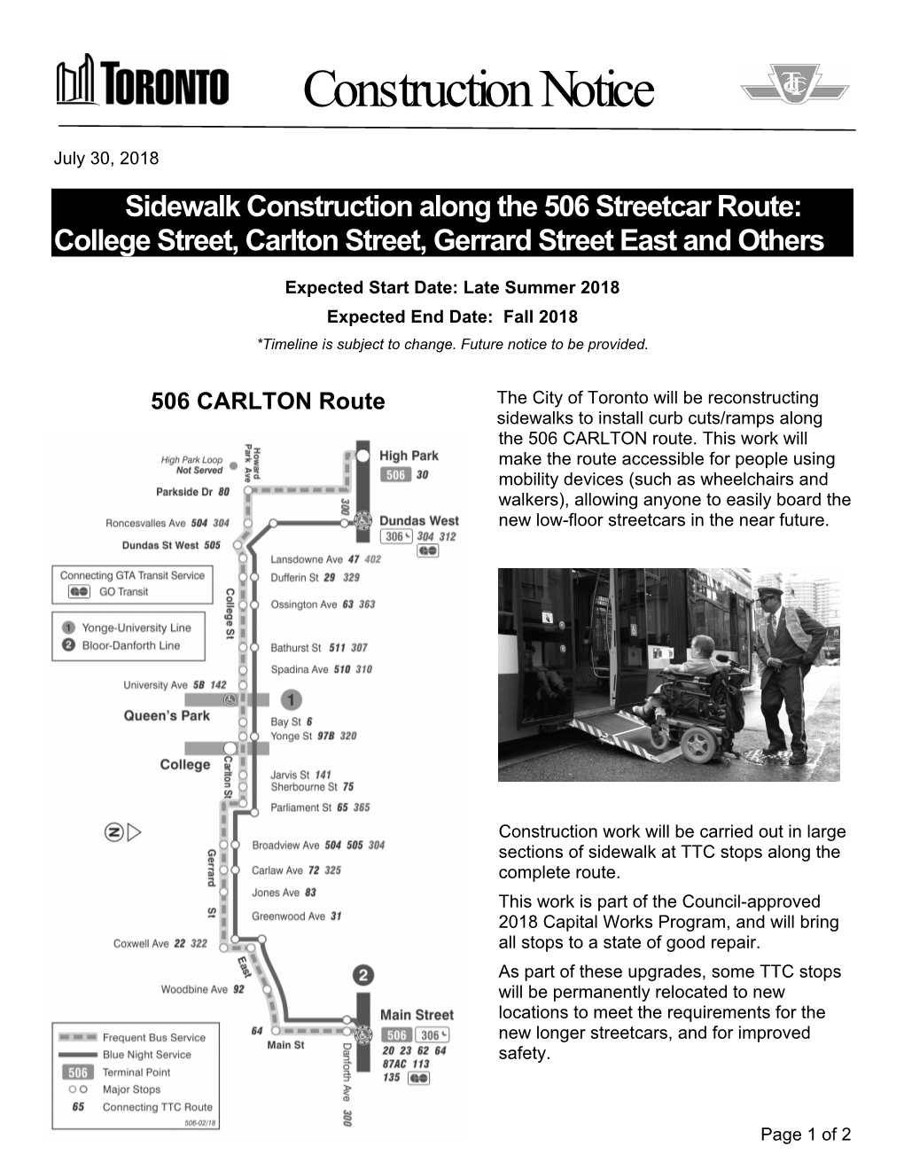 College-Carlton 506 Streetcar Route Construction Notice
