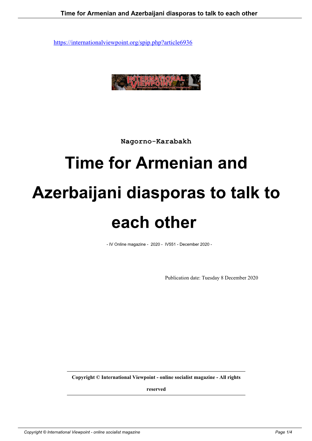 Time for Armenian and Azerbaijani Diasporas to Talk to Each Other