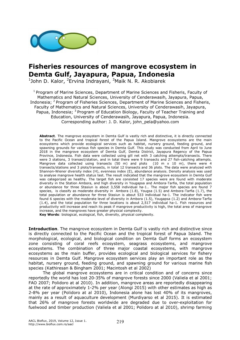 Kalor J. D., Indrayani E., Akobiarek M. N. R., 2019 Fisheries Resources of Mangrove Ecosystem in Demta Gulf, Jayapura, Papua, Indonesia