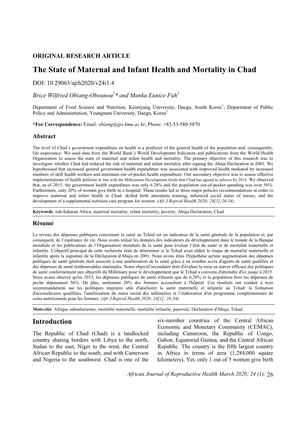 The State of Maternal and Infant Health and Mortality in Chad DOI: 10.29063/Ajrh2020/V24i1.4