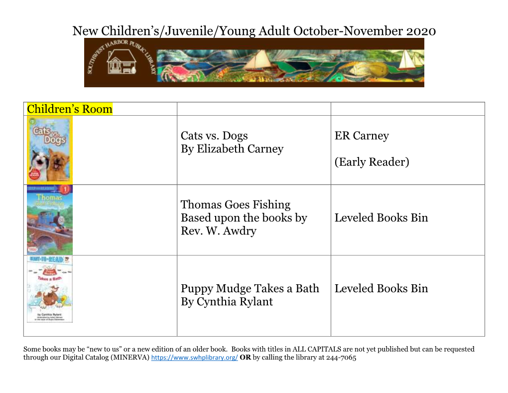 New Children's/Juvenile/Young Adult October-November 2020