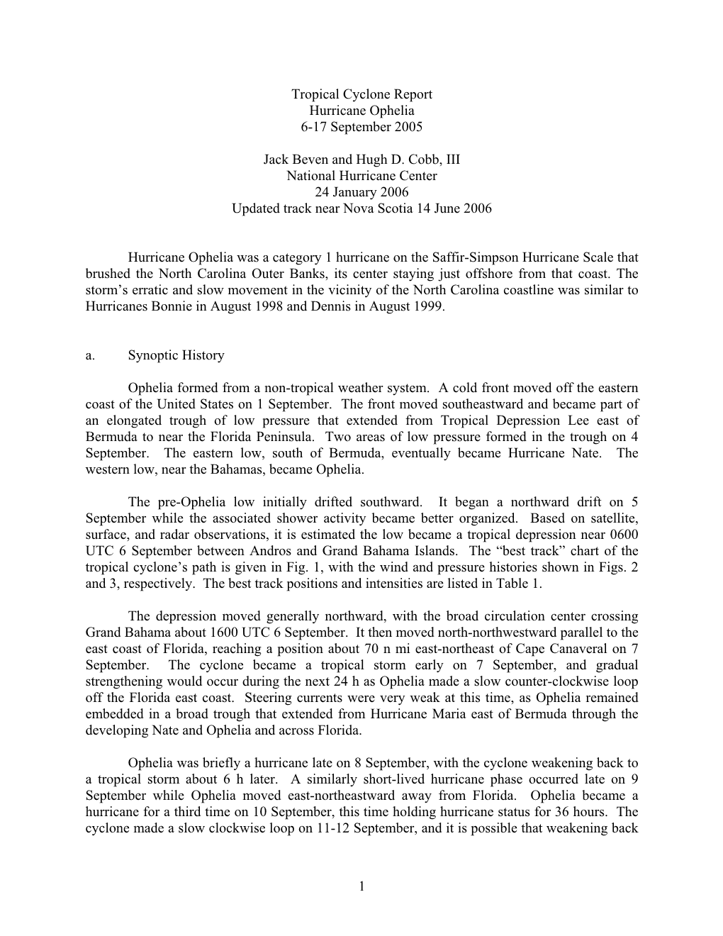 Tropical Cyclone Report Hurricane Ophelia 6-17 September 2005