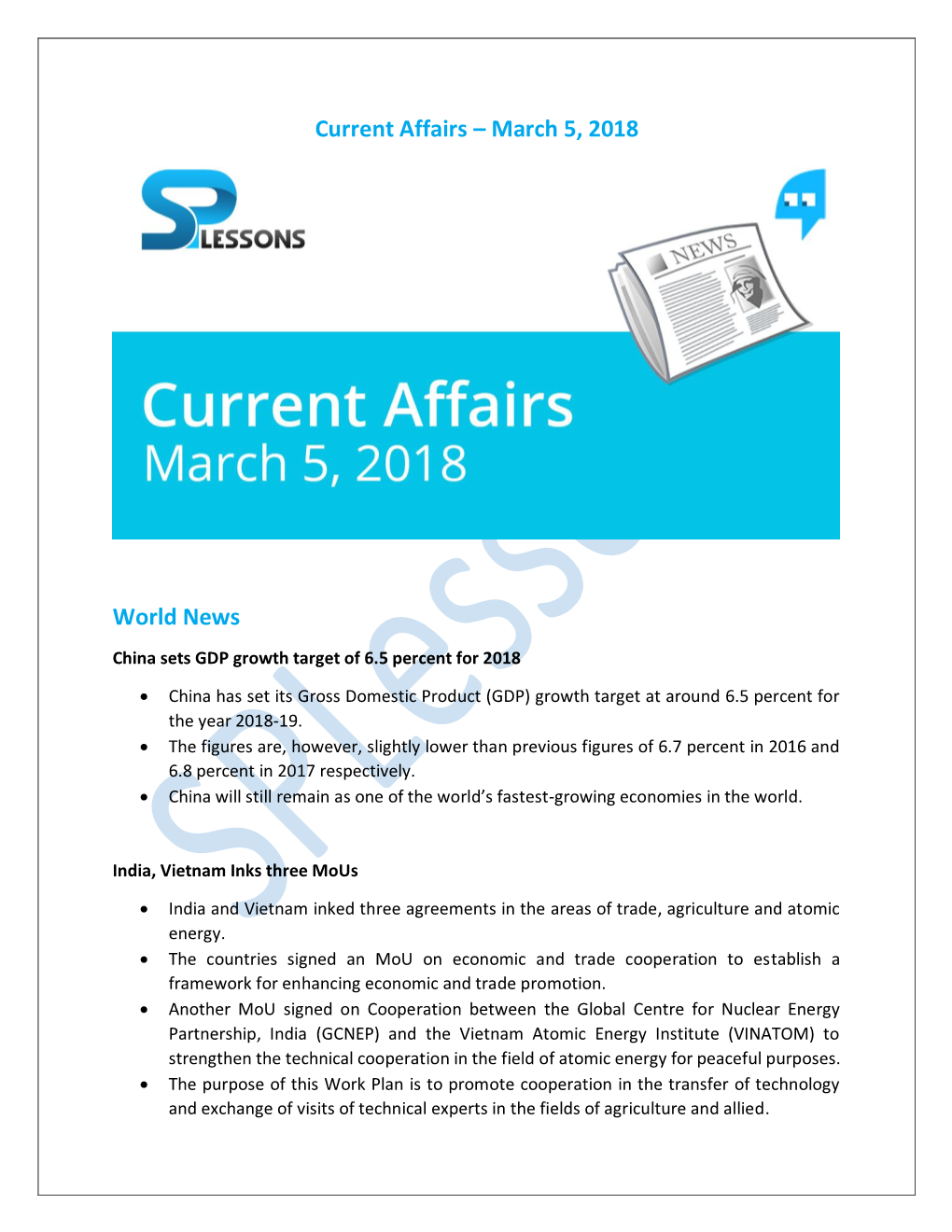 Current Affairs – March 5, 2018 World News