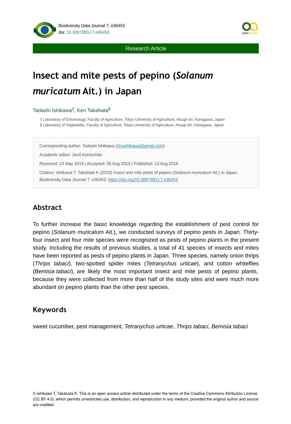 Insect and Mite Pests of Pepino (Solanum Muricatum Ait.) in Japan