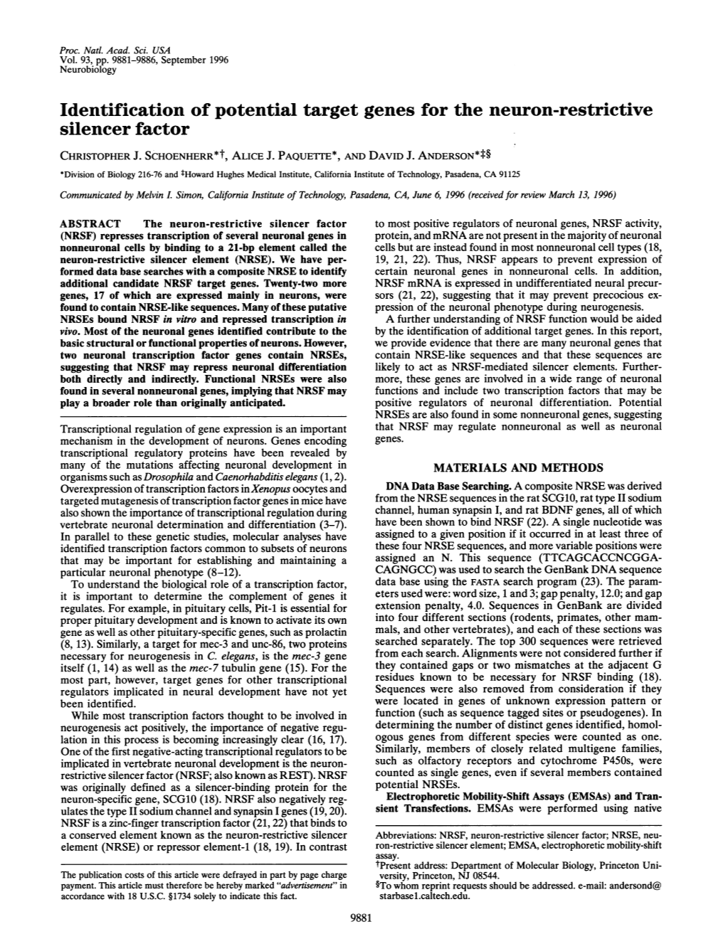 Identification of Potential Target Genes for the Neuron-Restrictive Silencer Factor CHRISTOPHER J