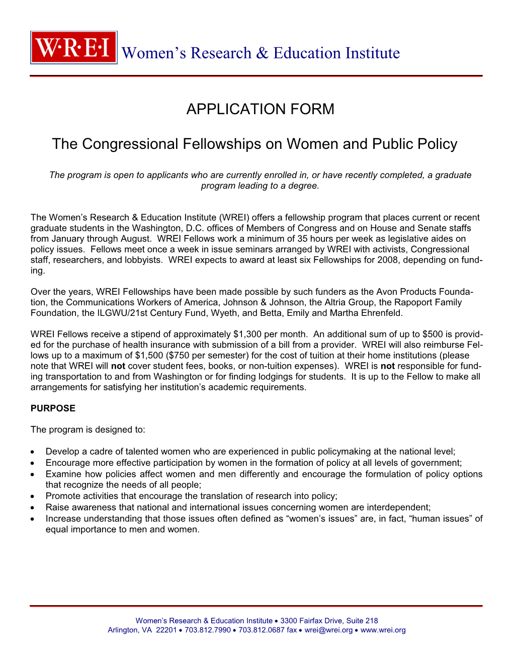 WREI: Congressional Fellowship Program: APPLICATION