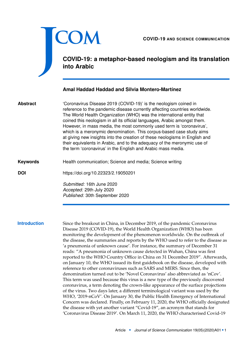 COVID-19: a Metaphor-Based Neologism and Its Translation Into Arabic’