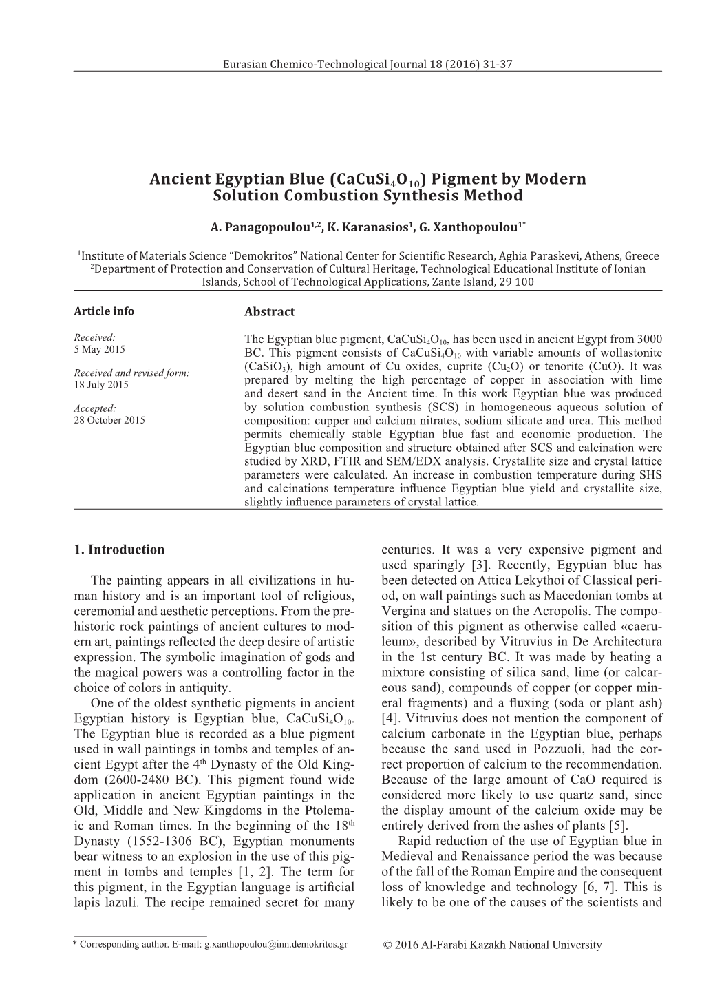 Ancient Egyptian Blue (Cacusi4o10) Pigment by Modern Solution Combustion Synthesis Method