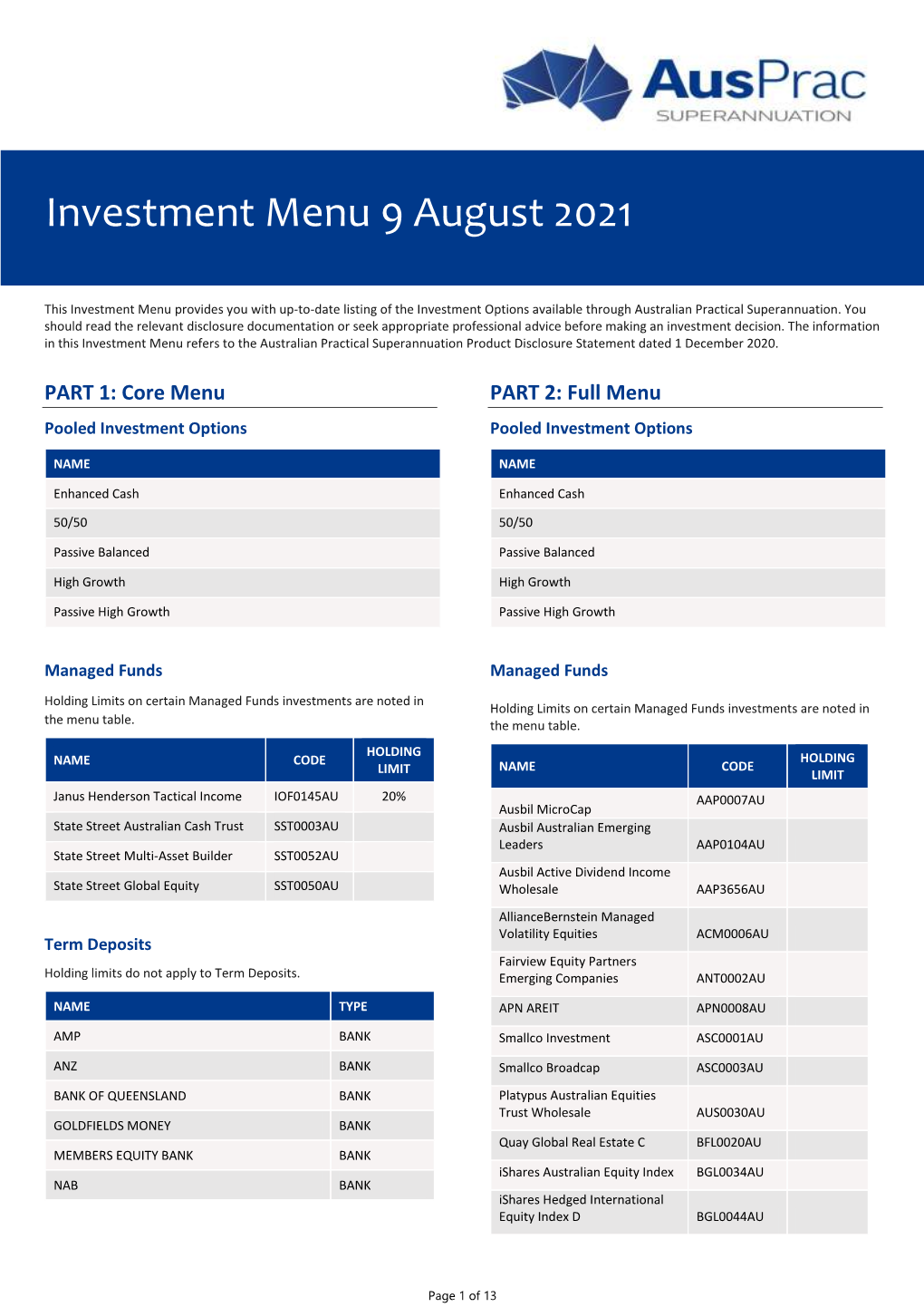 PART 1: Core Menu PART 2: Full Menu Pooled Investment Options Pooled Investment Options