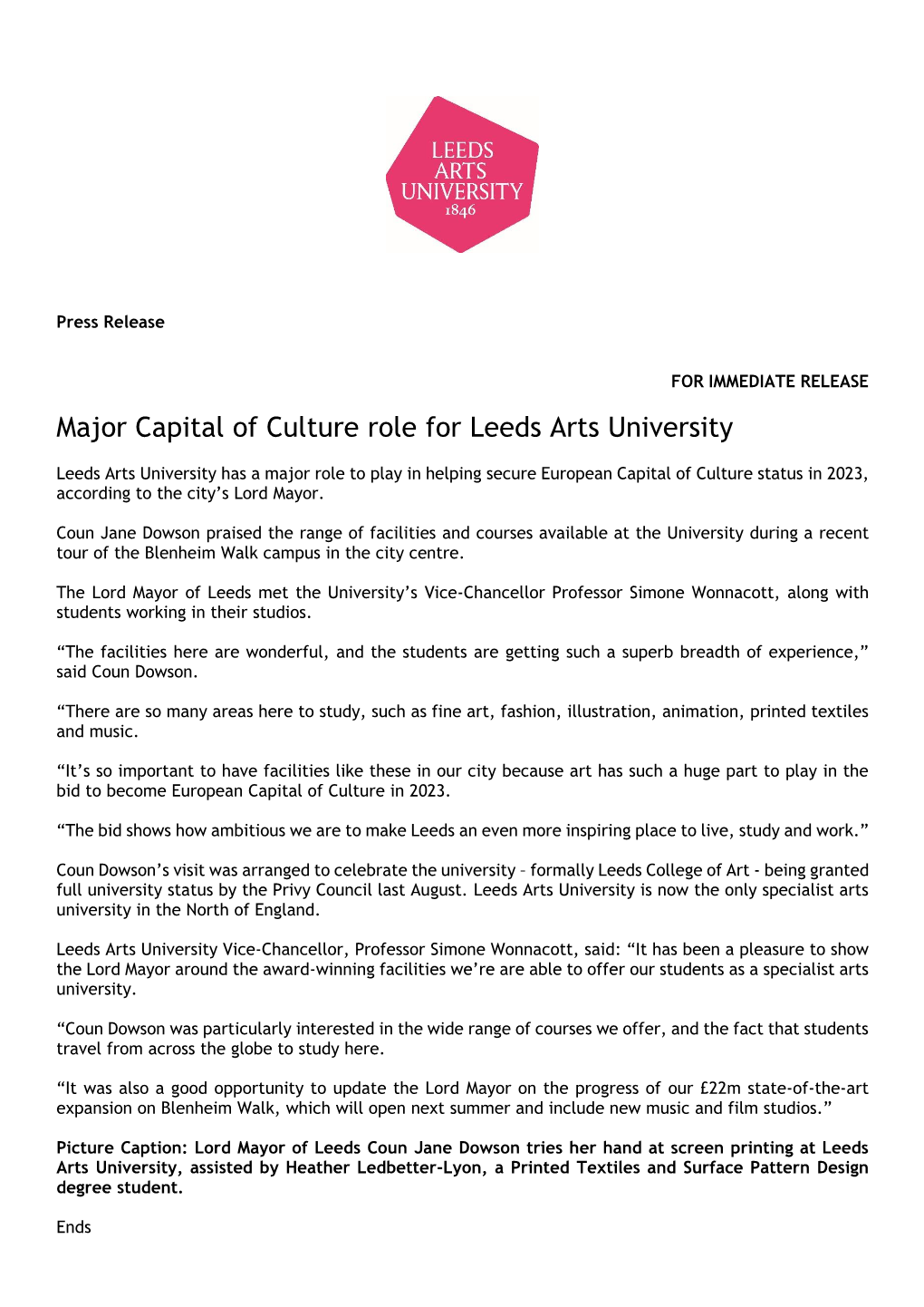 Major Capital of Culture Role for Leeds Arts University