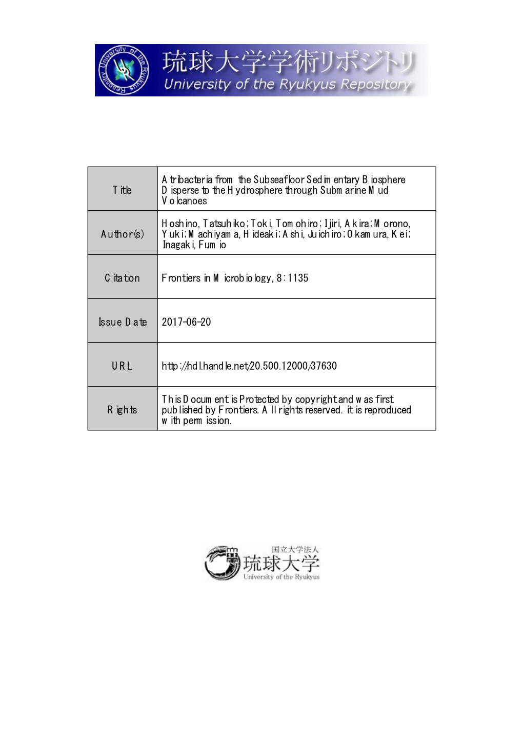 Title Atribacteria from the Subseafloor Sedimentary Biosphere Disperse to the Hydrosphere Through Submarine Mud Volcanoes Author